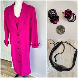 Set of 3: dress-coat + sequinned belt & earrings,  black & hot pink vintage